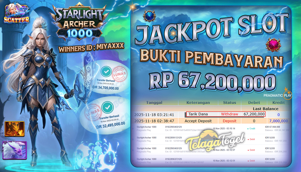 TELAGATOGEL JACKPOT SLOT STARLIGHT ARCHER 1000 Rp 67,200,000.- LUNAS  