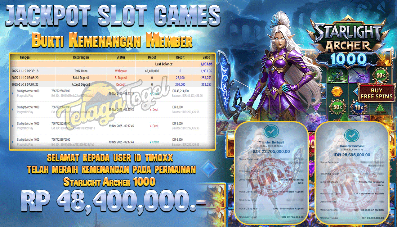 TELAGATOGEL JACKPOT SLOT STARLIGHT ARCHER 1000 Rp 48,400,000.- LUNAS  