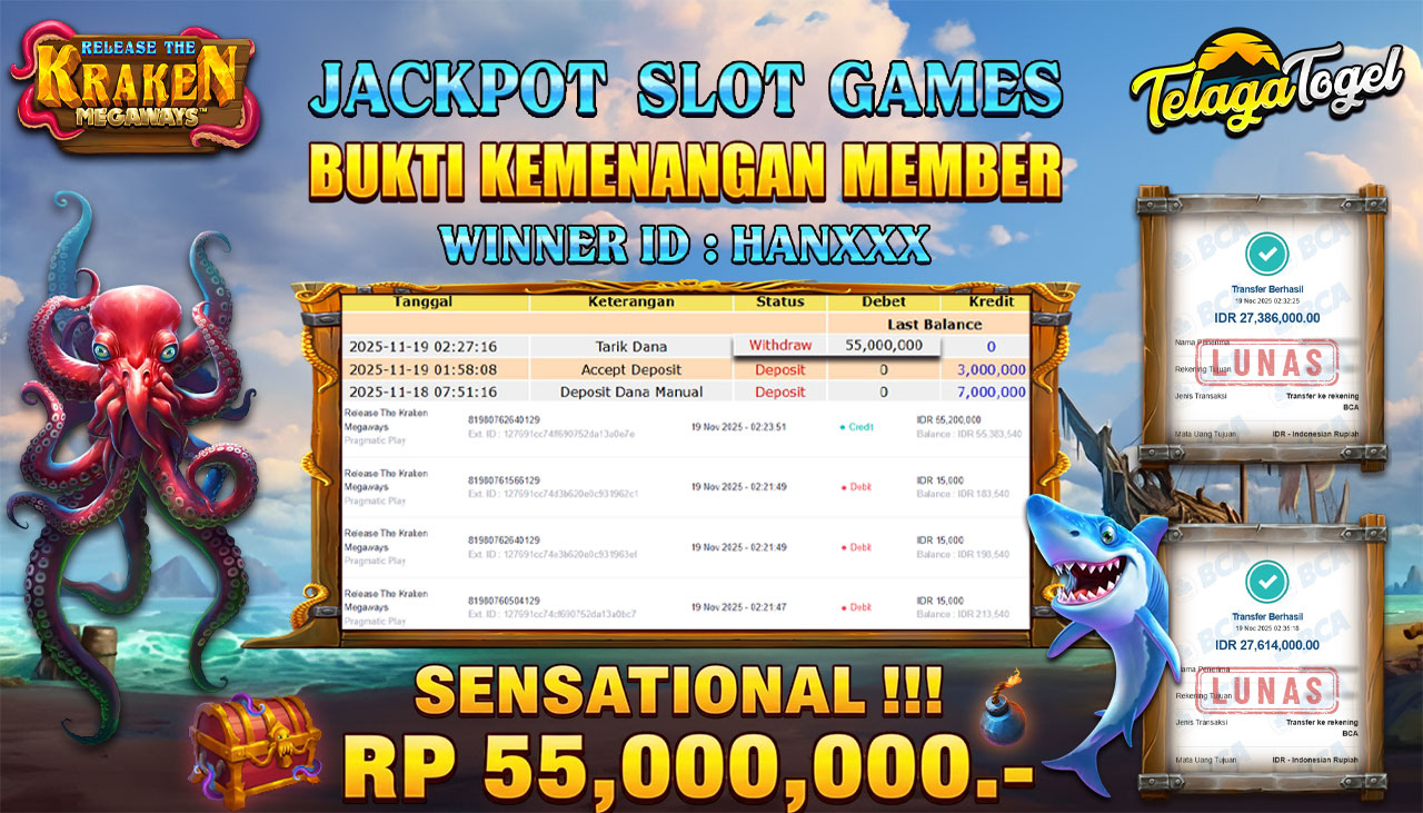 TELAGATOGEL JACKPOT SLOT RELEASE THE KRAKEN MEGAWAYS Rp 55,000,000.- LUNAS  