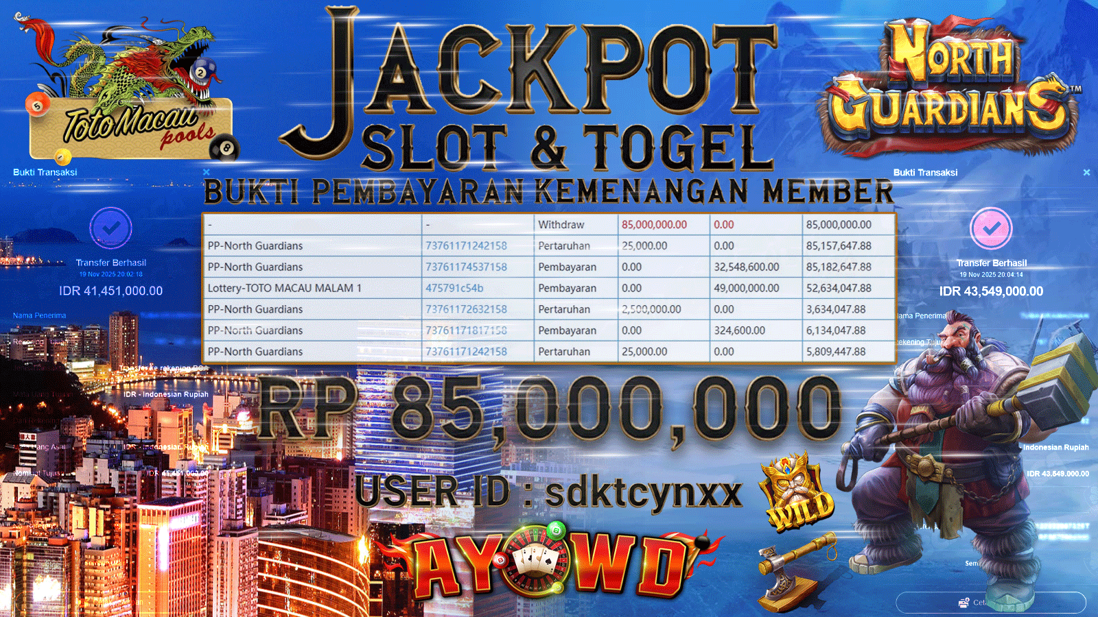 AYOWD JACKPOT SLOT GAMES Pp-North Guardians & Lottery-Toto macau malam 1 Rp 85,000,000.- LUNAS