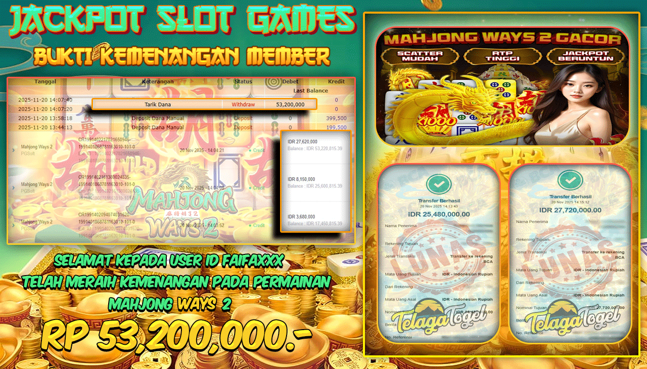 TELAGATOGEL JACKPOT SLOT MAHJONG WAYS 2 Rp 53,200,000.- LUNAS  
