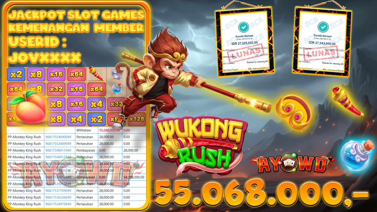 AYOWD JACKPOT SLOT GAMES PP-Monkey King Rush Rp 55,068,000.- LUNAS