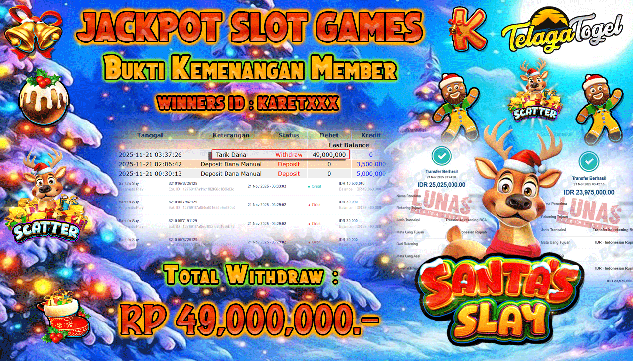 TELAGATOGEL JACKPOT SLOT SANTA'S SLAY Rp 49,000,000.- LUNAS  