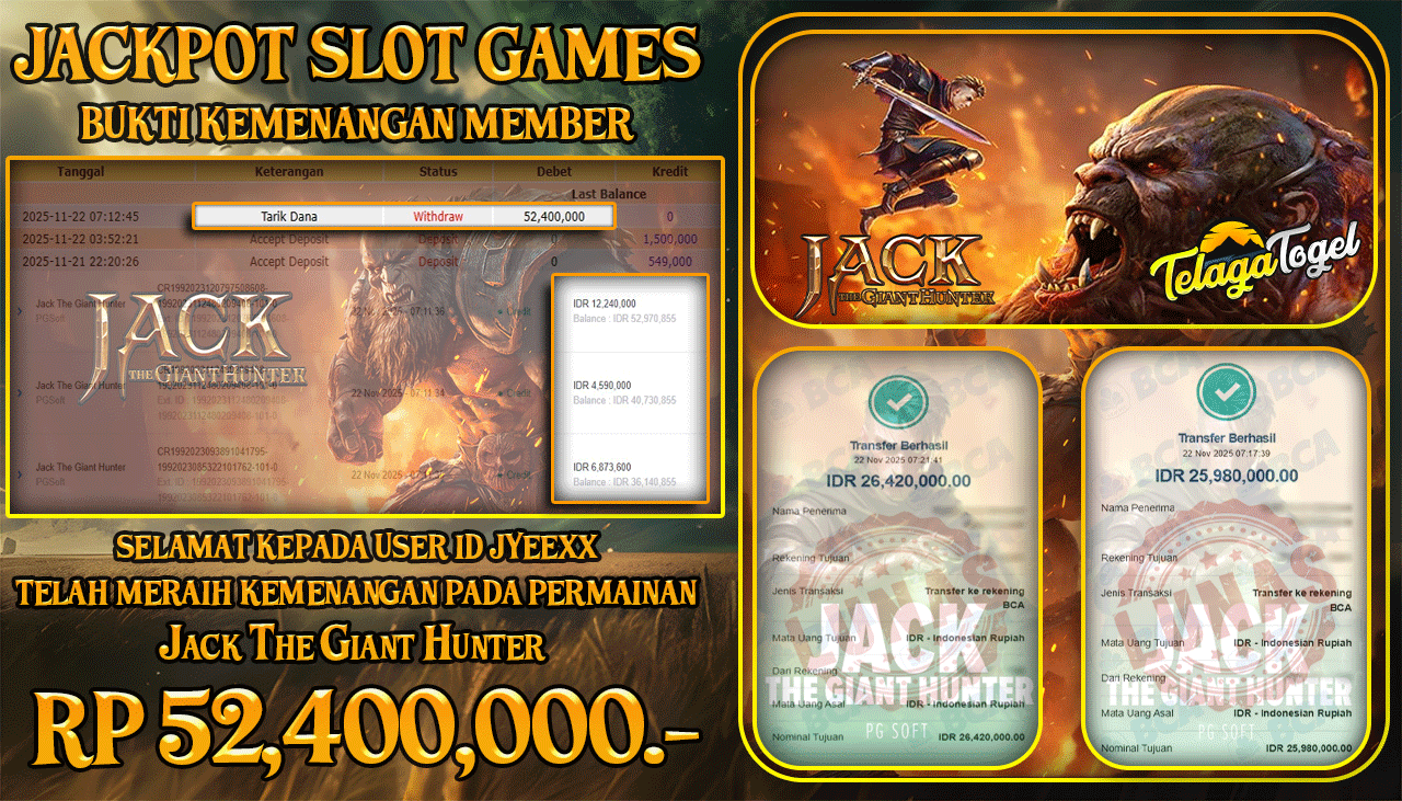 TELAGATOGEL JACKPOT SLOT JACK THE GIANT HUNTER Rp 52,400,000.- LUNAS  