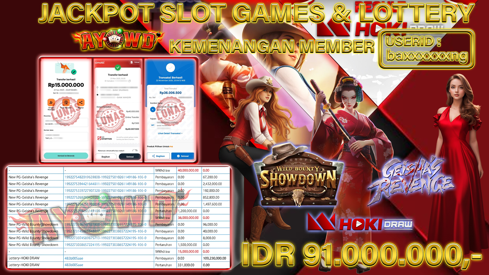 AYOWD JACKPOT SLOT GAMES New PG-Wild Bounty Showdown, New PG-Geisha s Revenge & LOTTERY HOKI DRAW Rp 91,000,000.- LUNAS