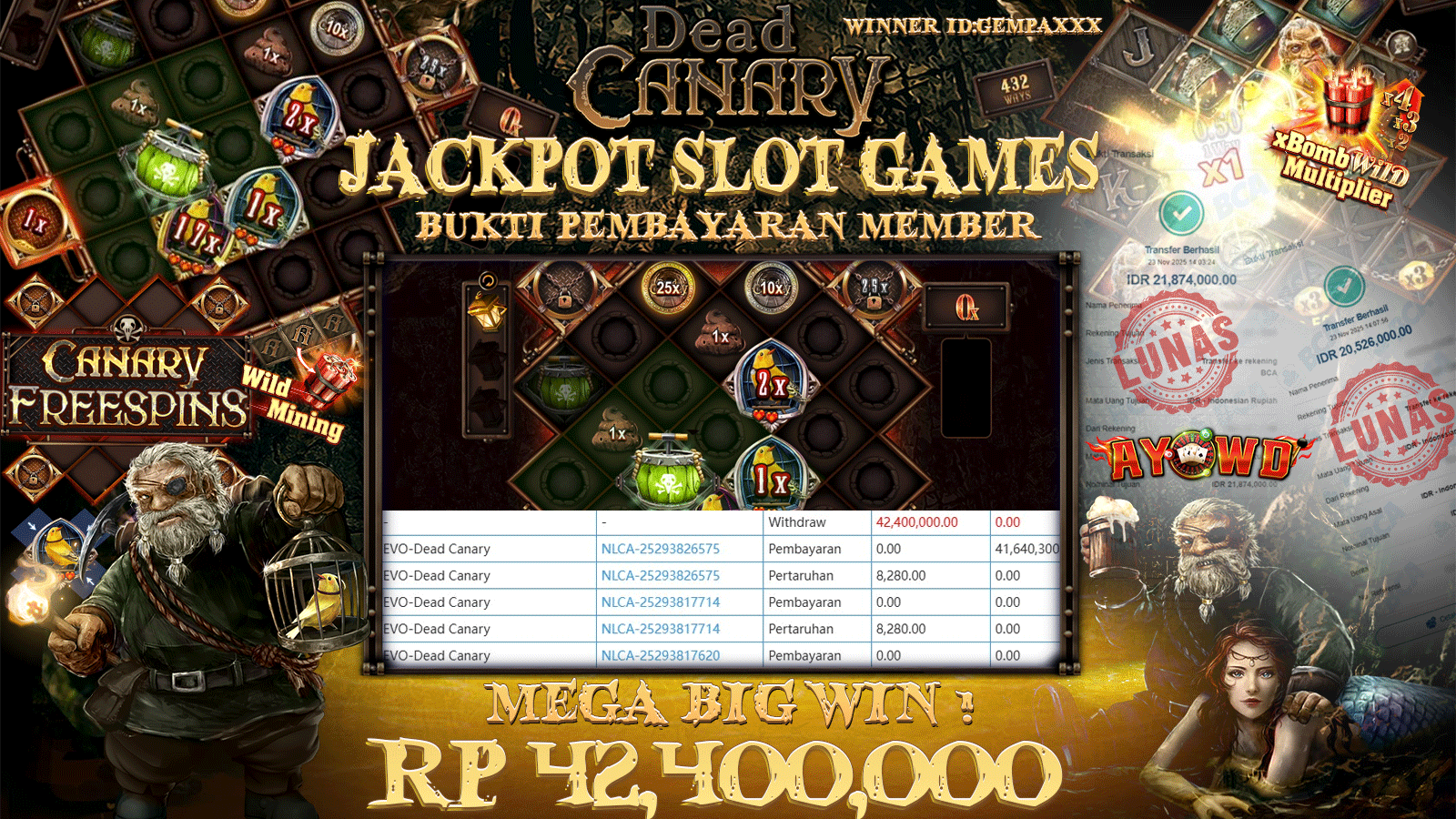 AYOWD JACKPOT SLOT GAMES EVO-DEAD CANARY Rp 42,400,000.- LUNAS