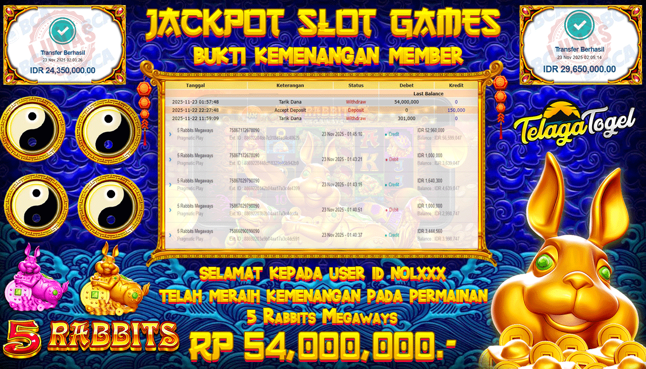 TELAGATOGEL JACKPOT SLOT 5 RABBITS MEGAWAYS Rp54,000,000.- LUNAS  
