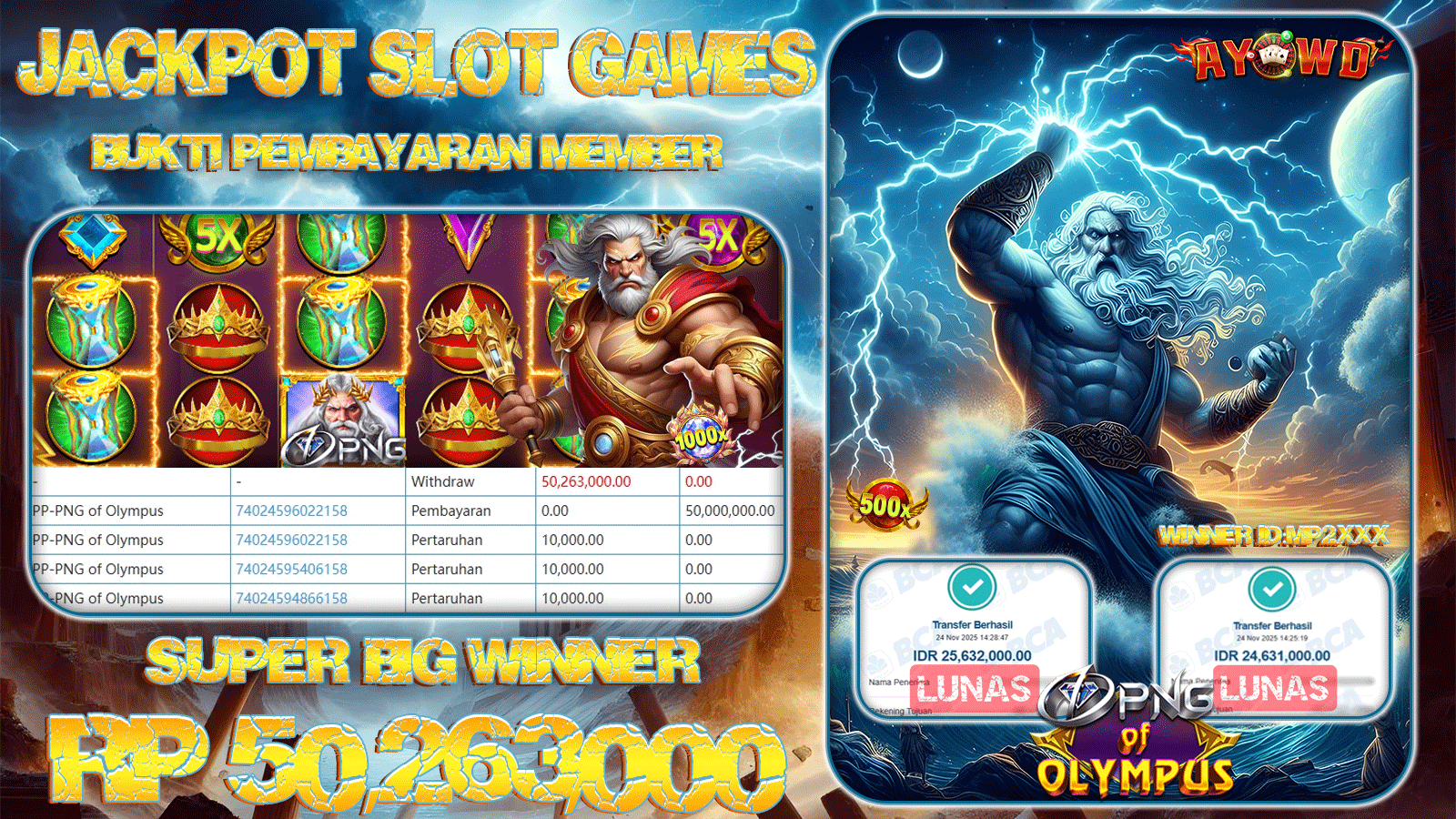 AYOWD JACKPOT SLOT GAMES PP-PNG OF OLYMPUS Rp 50,263,000.- LUNAS
