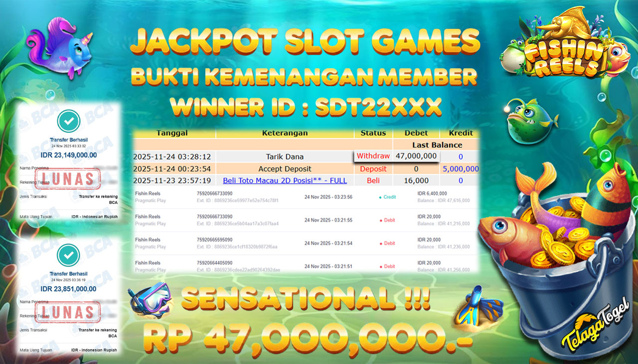 TELAGATOGEL JACKPOT SLOT FISHIN REELS Rp47,000,000.- LUNAS  