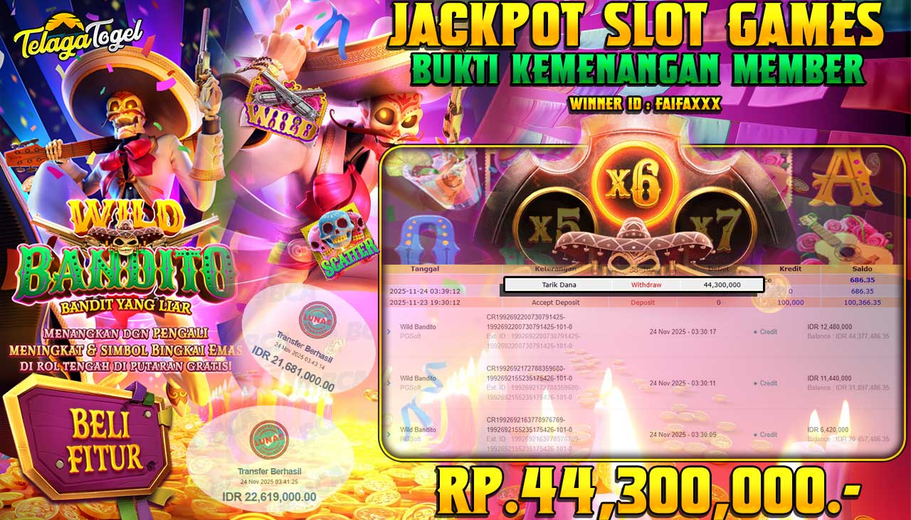 TELAGATOGEL JACKPOT SLOT WILD BANDITO Rp44,300,000.- LUNAS  