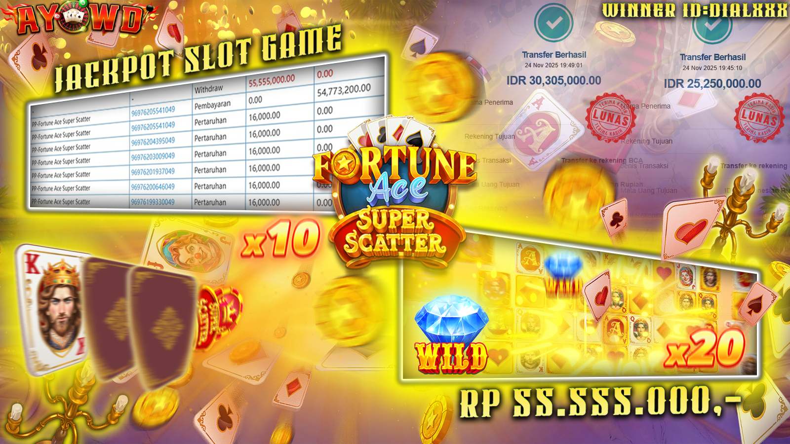 AYOWD JACKPOT SLOT GAMES PP-FORTUNE ACE SUPER SCATTER Rp 55,555,000.- LUNAS