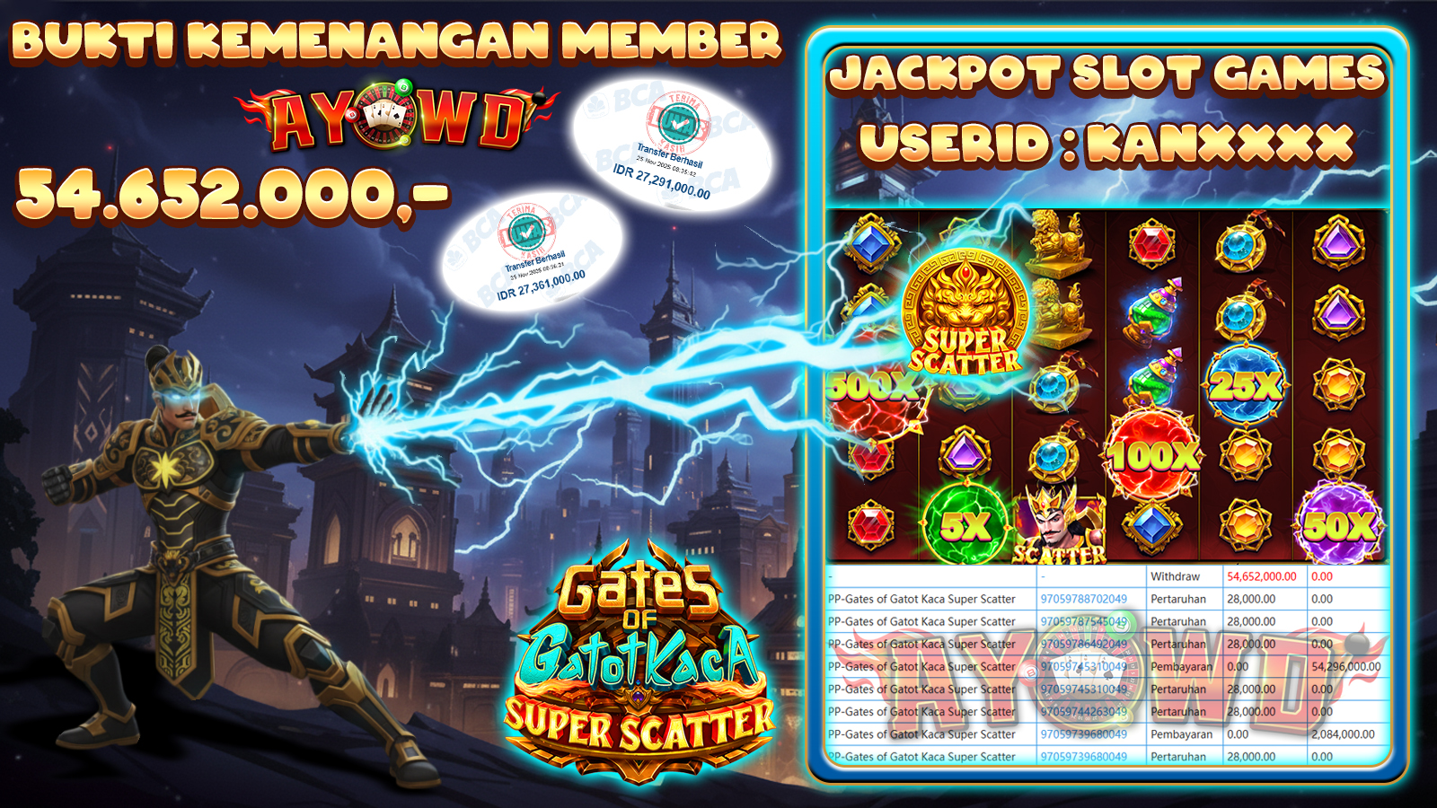 AYOWD JACKPOT SLOT GAMES PP-Gates of Gatot Kaca Super Scatter Rp 54,652,000.- LUNAS