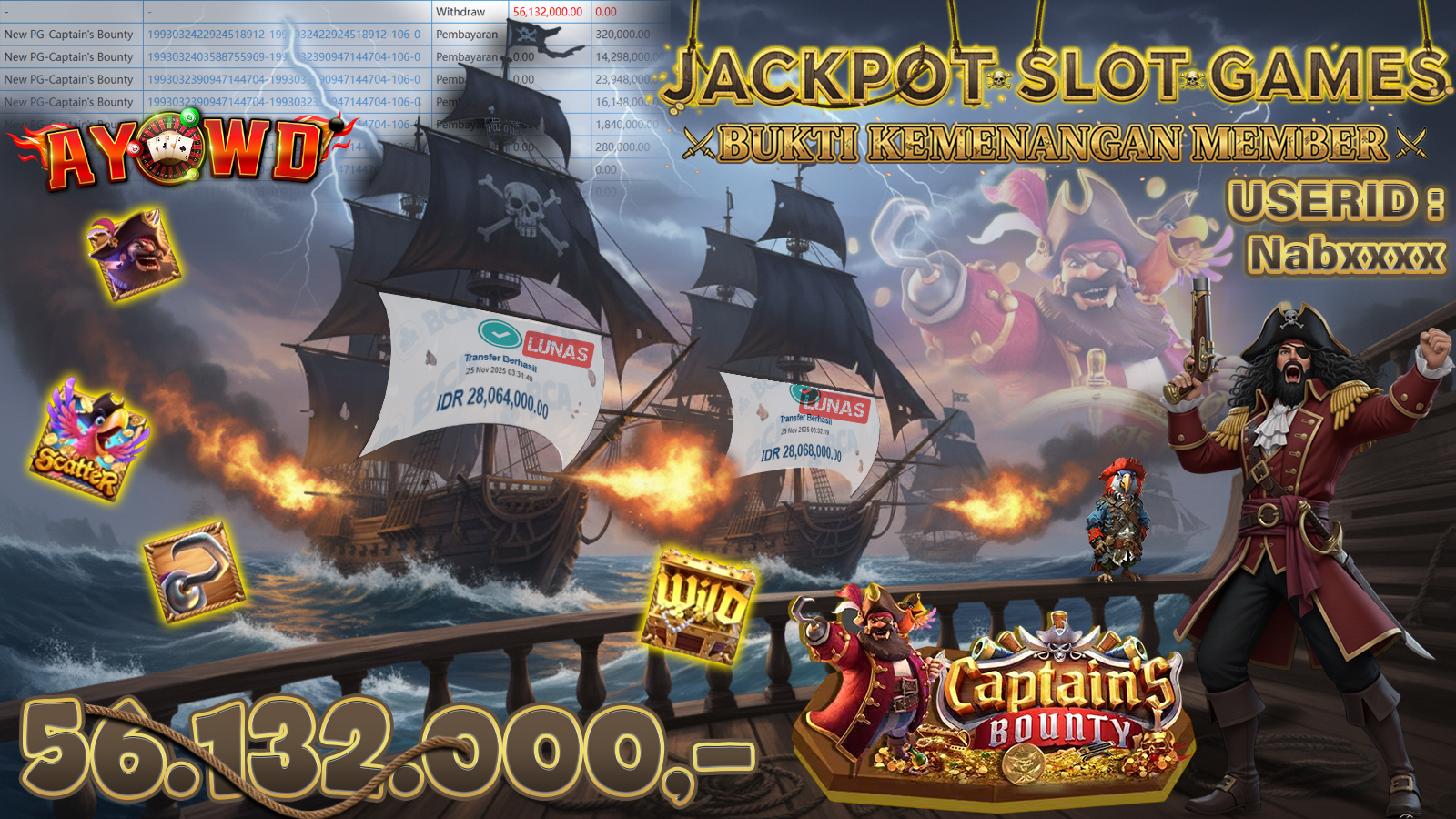 AYOWD JACKPOT SLOT GAMES New PG-Captains Bounty Rp 56,132,000.- LUNAS