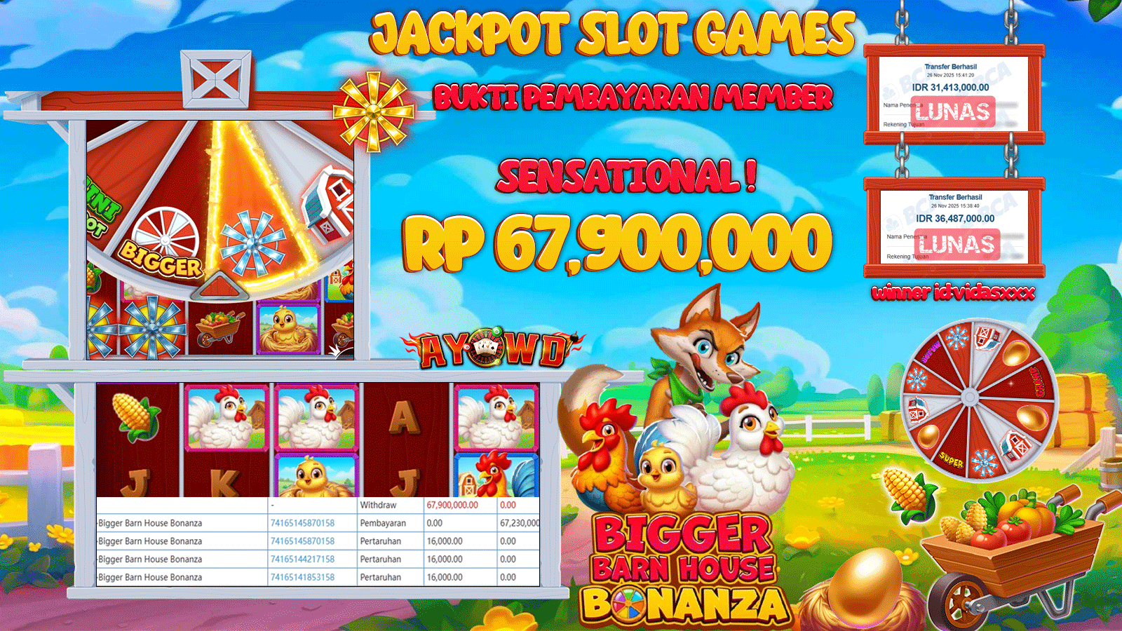AYOWD JACKPOT SLOT GAMESPP-BIGGER BARN HOUSE BONANZA Rp 67,900,000.- LUNAS