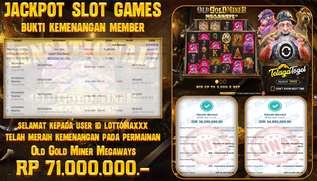 TELAGATOGEL JACKPOT SLOT OLD GOLD MINER MEGAWAYS Rp 71,000,000.- LUNAS  