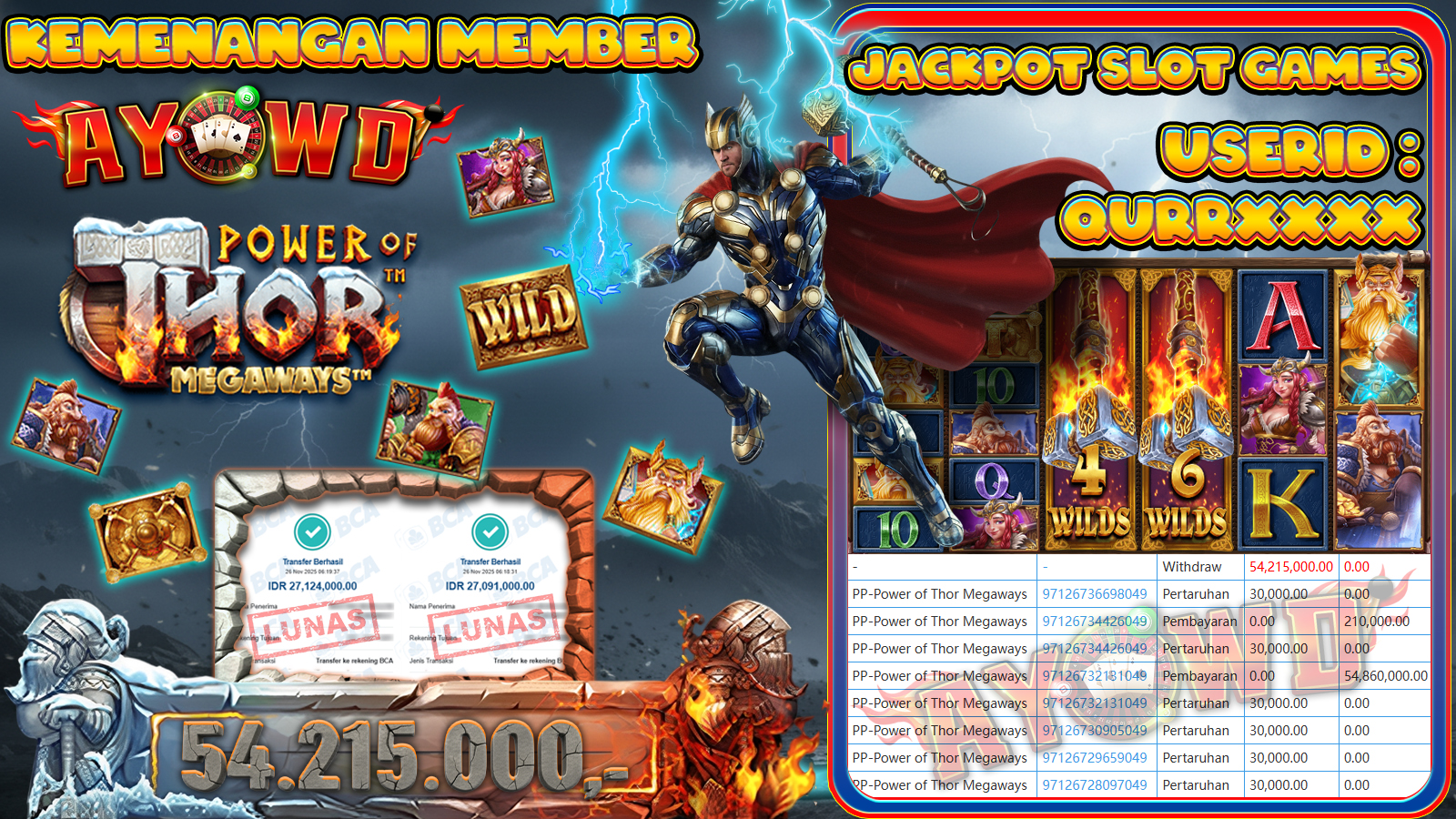 AYOWD JACKPOT SLOT GAMES PP-Power of Thor Megaways Rp 54,215,000.- LUNAS