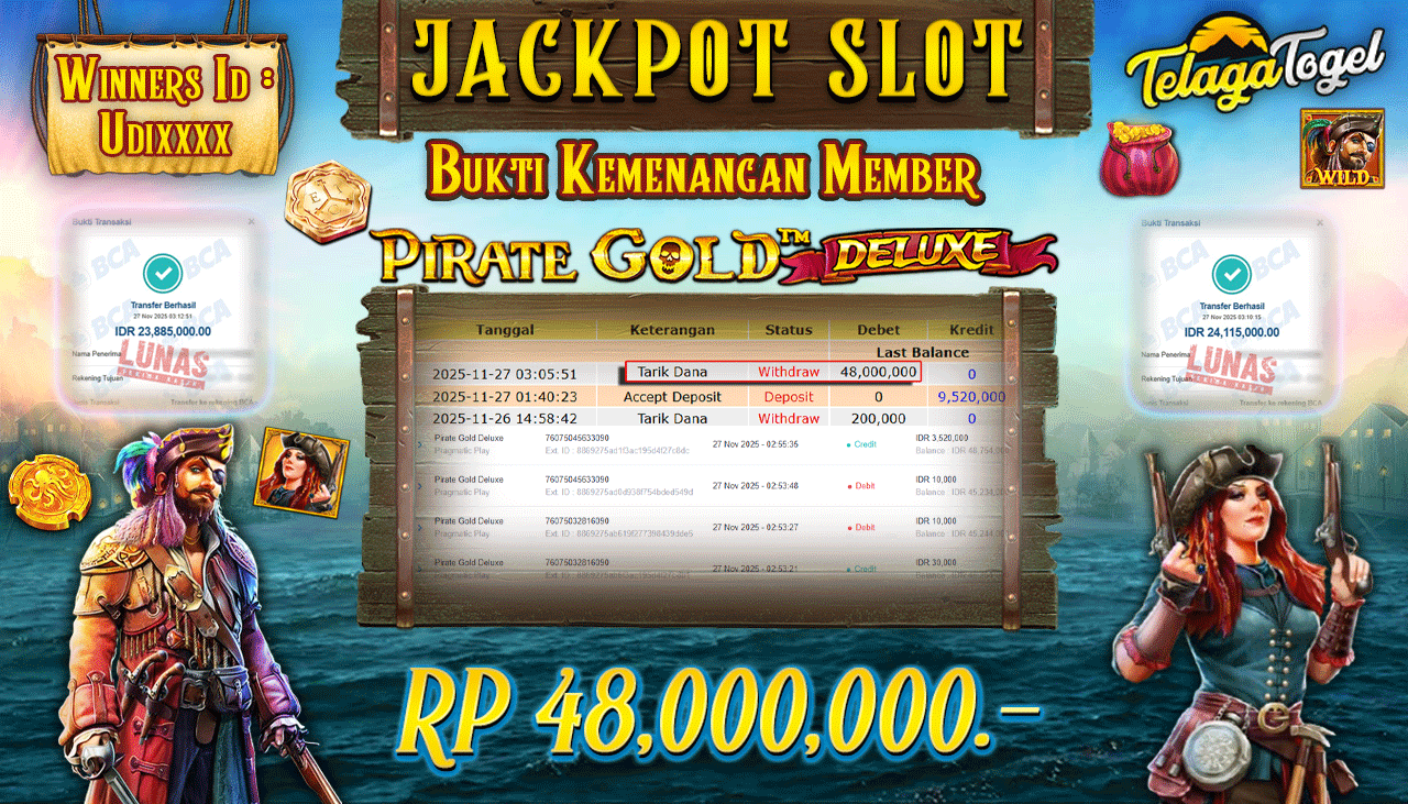 TELAGATOGEL JACKPOT SLOT PIRATE GOLD DELUXE Rp 48,000,000.- LUNAS  