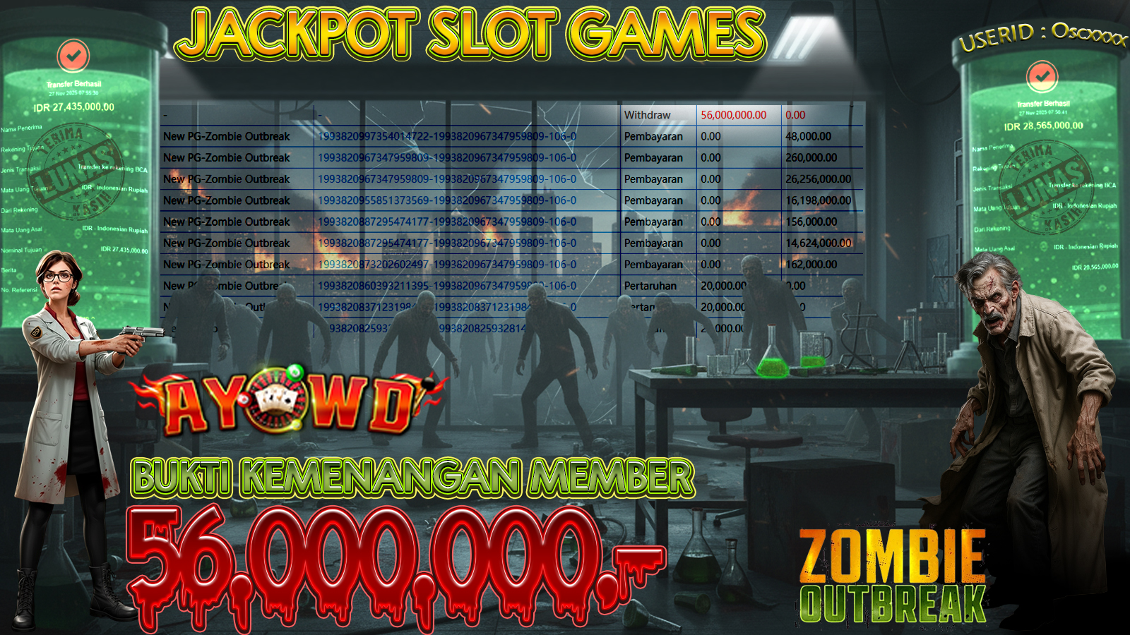 AYOWD JACKPOT SLOT GAMES New PG-Zombie Outbreak Rp 56,000,000.- LUNAS