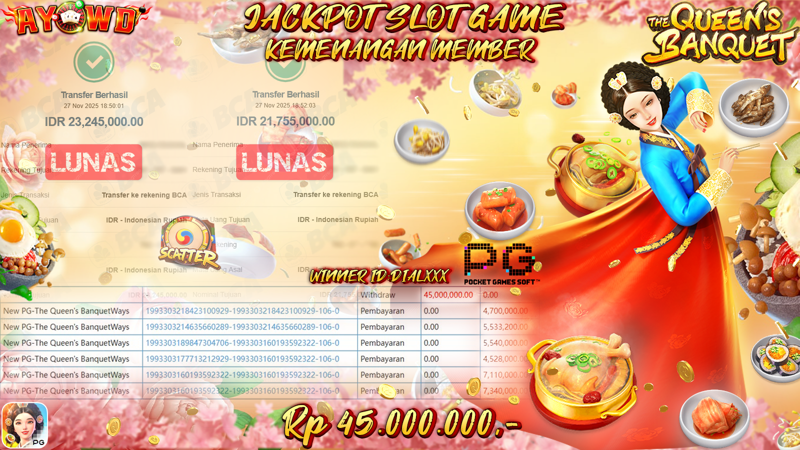 AYOWD JACKPOT SLOT GAMES NEW PG-THE QUEEN S BANQUETWAYS RP 45,000,000.- LUNAS