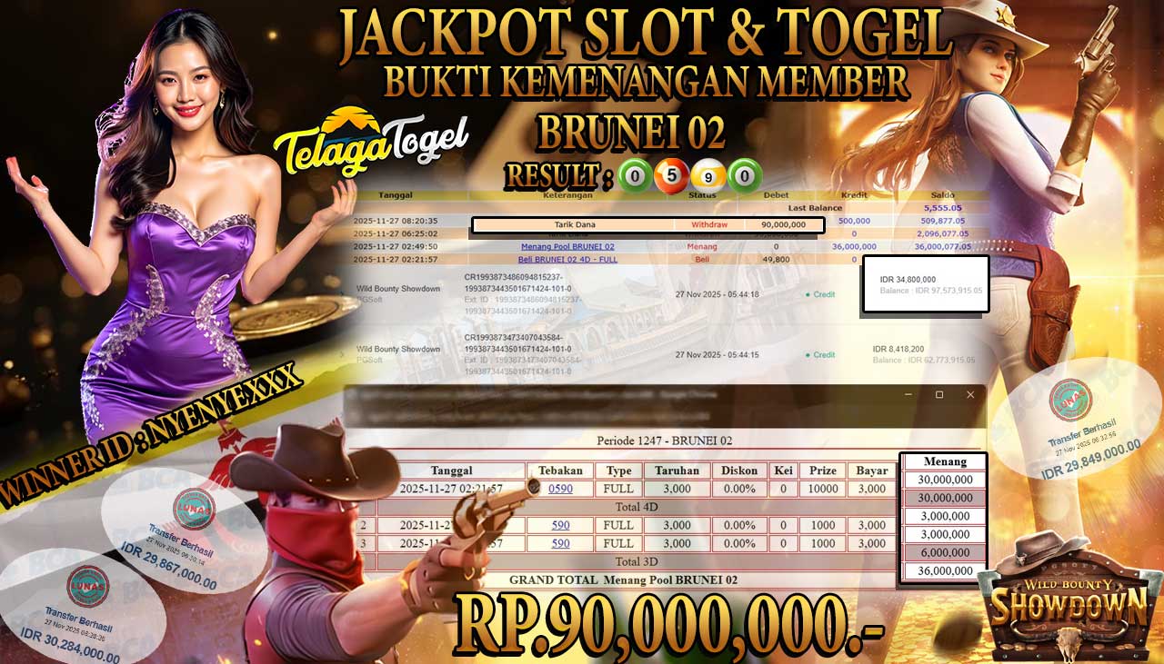 TELAGATOGEL JACKPOT SLOT & TOGEL BRUNEI-02 & WILD BOUNTY SHOWDOWN Rp 90,000,000.- LUNAS  