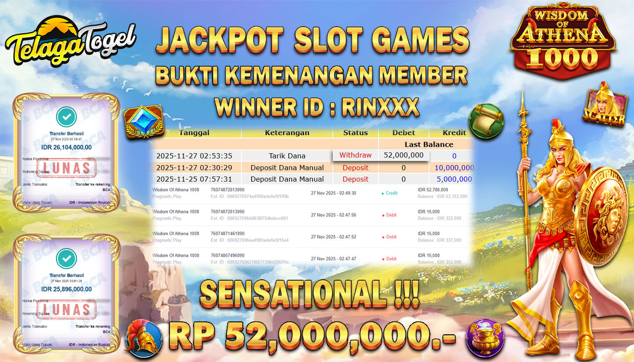 TELAGATOGEL JACKPOT SLOT WISDOM OF ATHENA 1000 Rp 52,000,000.- LUNAS  