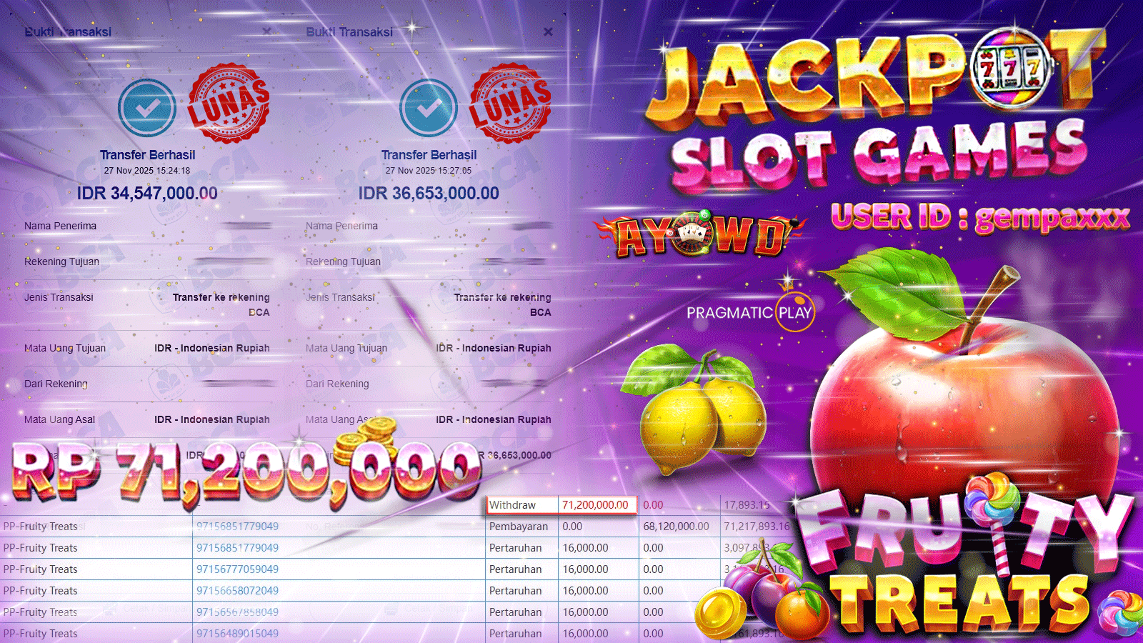 AYOWD JACKPOT SLOT GAMES PP - Fruity Treats Rp 71,200,000.- LUNAS