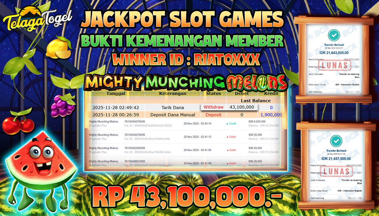 TELAGATOGEL JACKPOT SLOT MIGHTY MUNCHING MELONS Rp 43,100,000.- LUNAS  