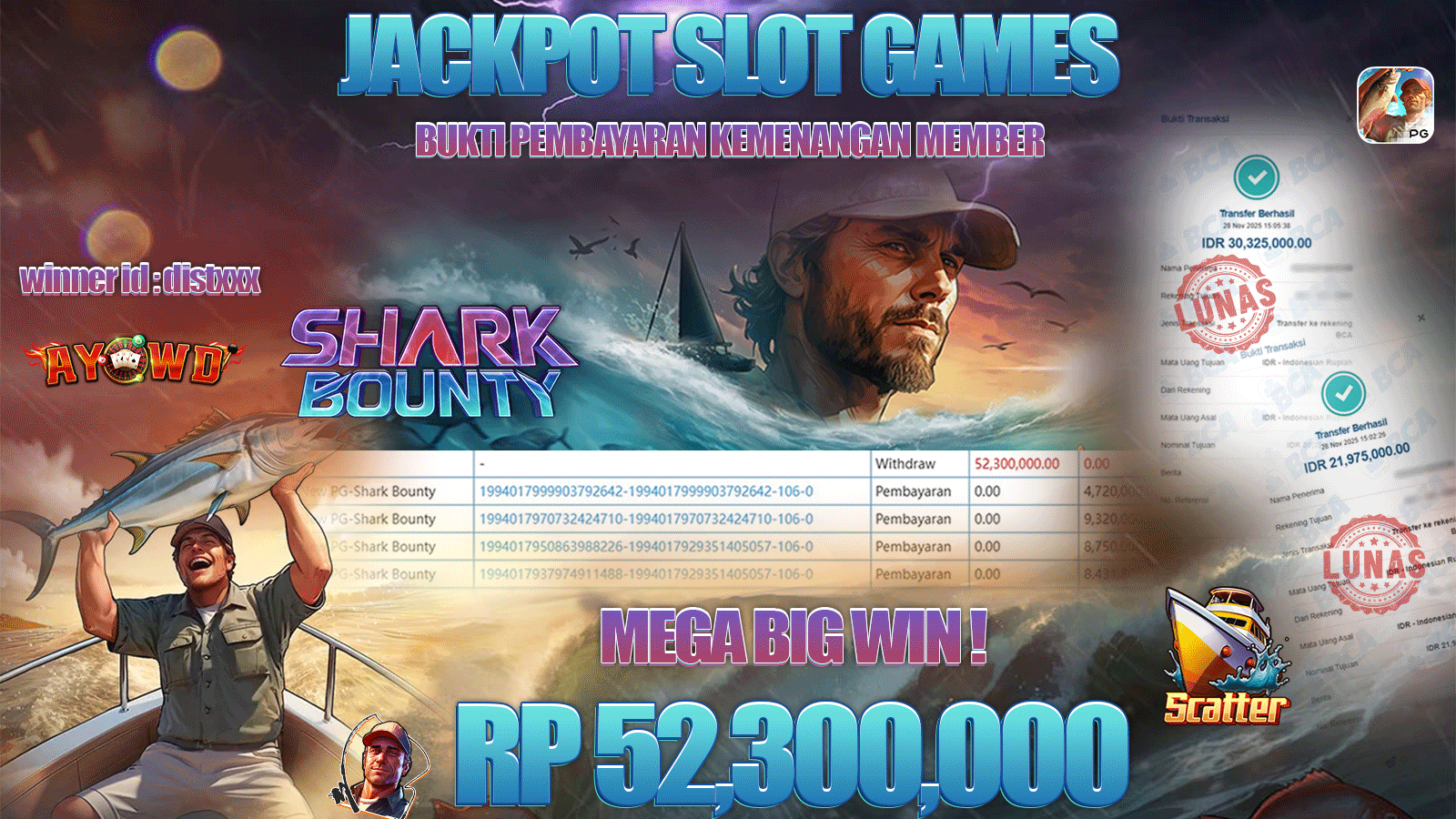 AYOWD JACKPOT SLOT GAMES NEW PG-SHARK BOUNTY RP 52,300,000.- LUNAS