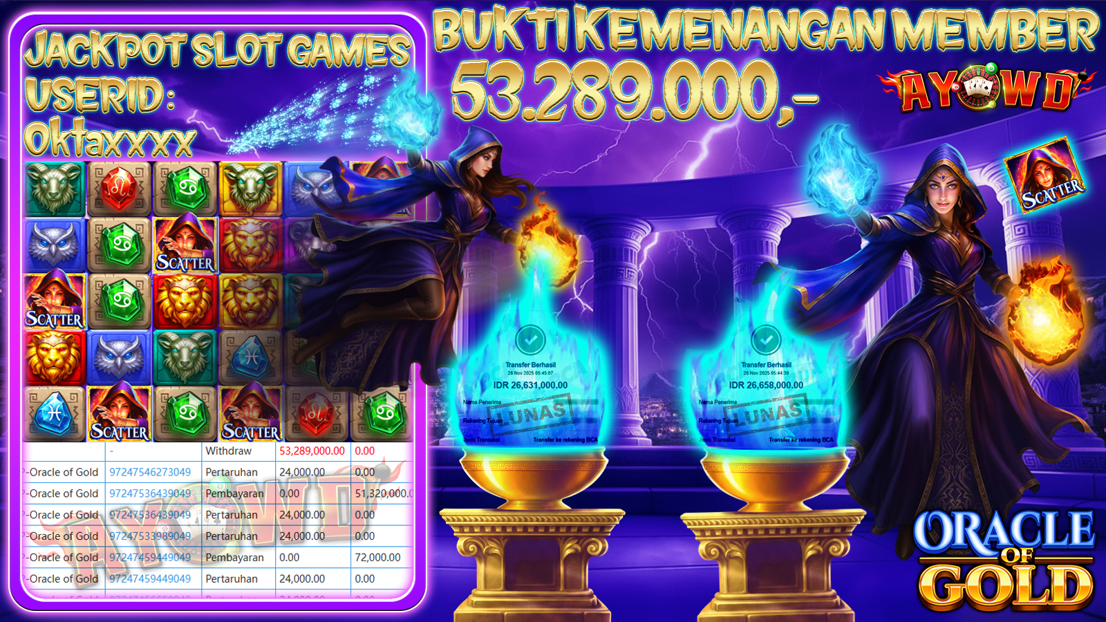AYOWD JACKPOT SLOT GAMES PP-Oracle of Gold RP 53,289,000.- LUNAS