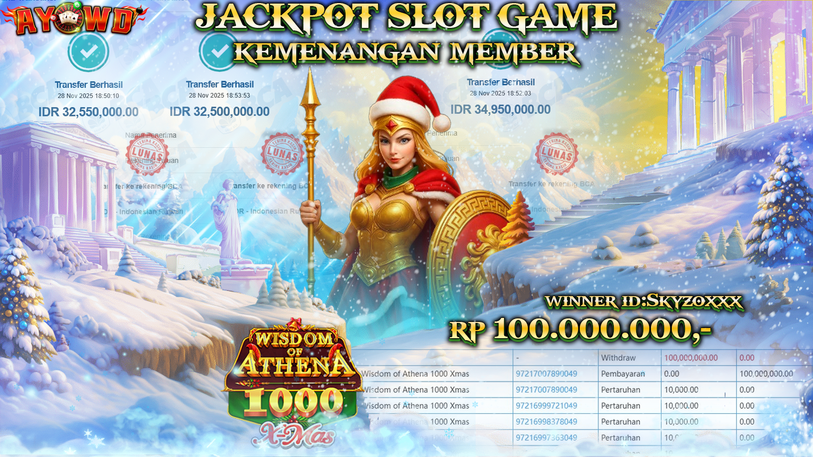 AYOWD JACKPOT SLOT GAMES PP-WISDOM OF ATHENA 1000 XMAS RP 100,000,000.- LUNAS