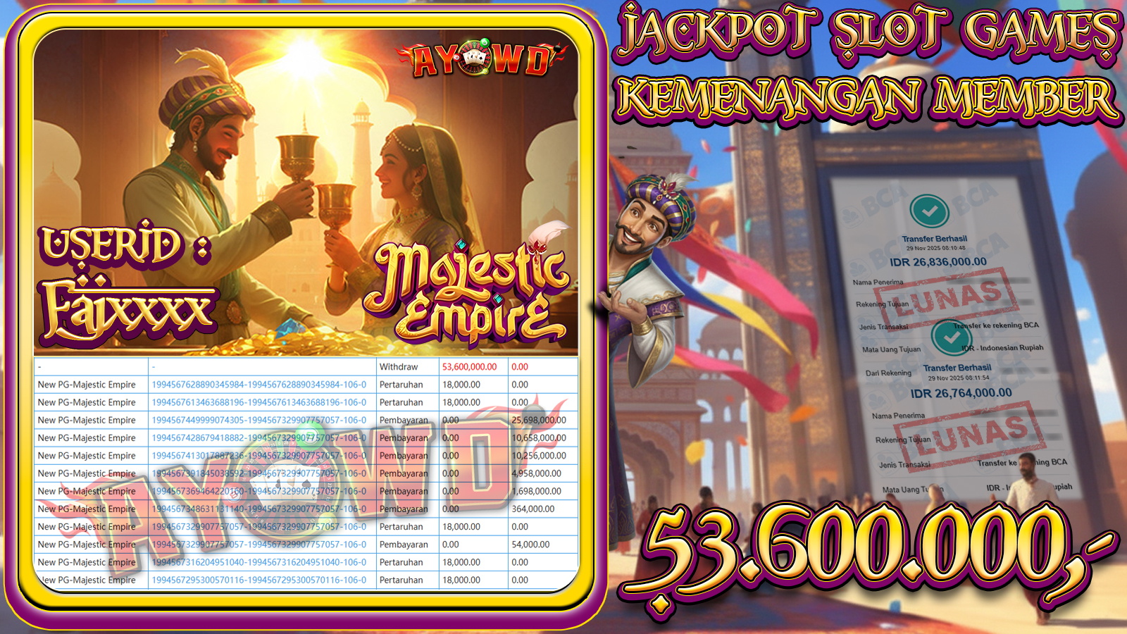 AYOWD JACKPOT SLOT GAMES New PG-Majestic Empire RP 53,600,000.- LUNAS