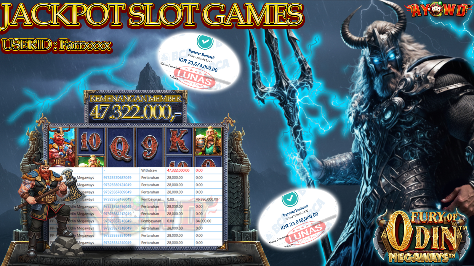 AYOWD JACKPOT SLOT GAMES PP-Fury of Odin Megaways RP 47,322,000.- LUNAS