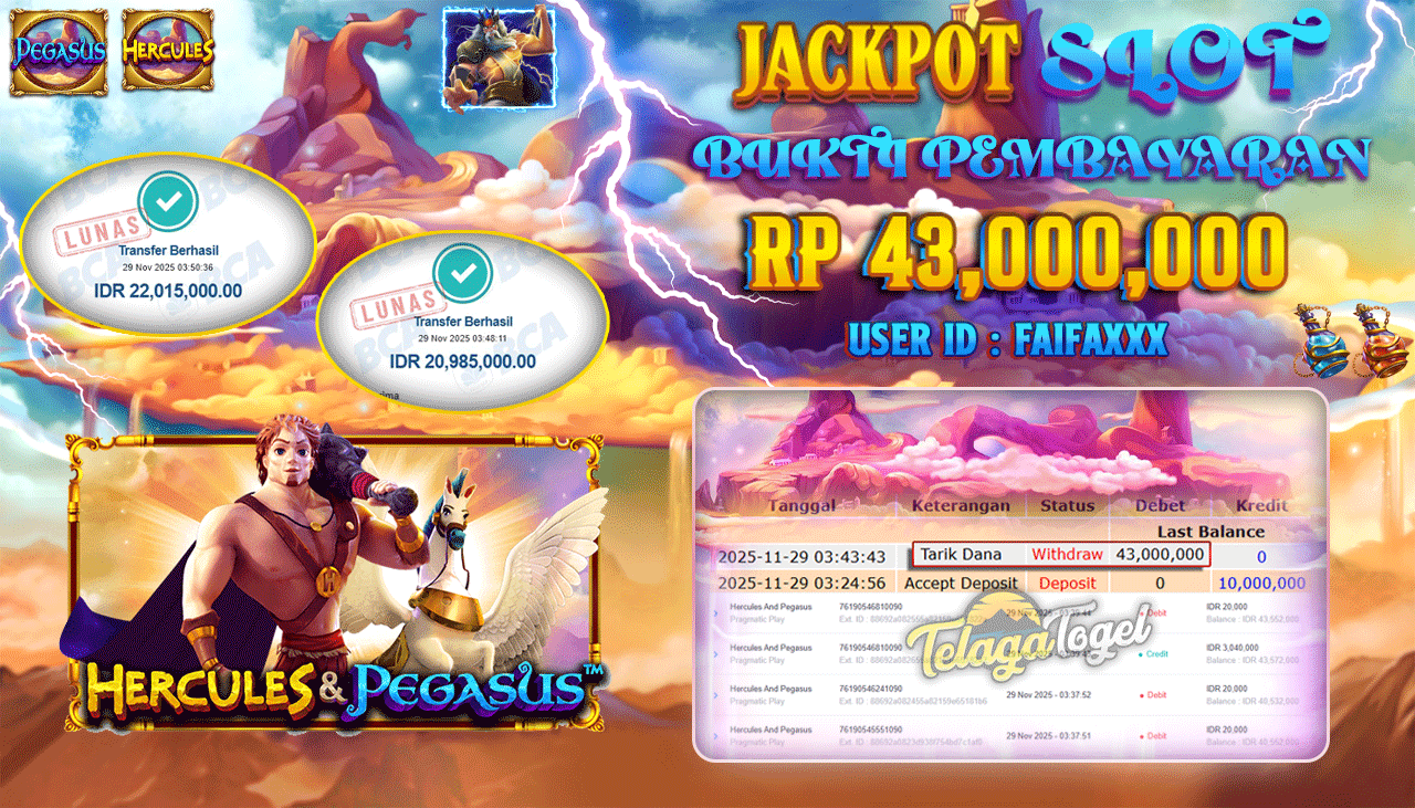 TELAGATOGEL JACKPOT SLOT HERCULES & PEGASUS Rp 43,000,000.- LUNAS  