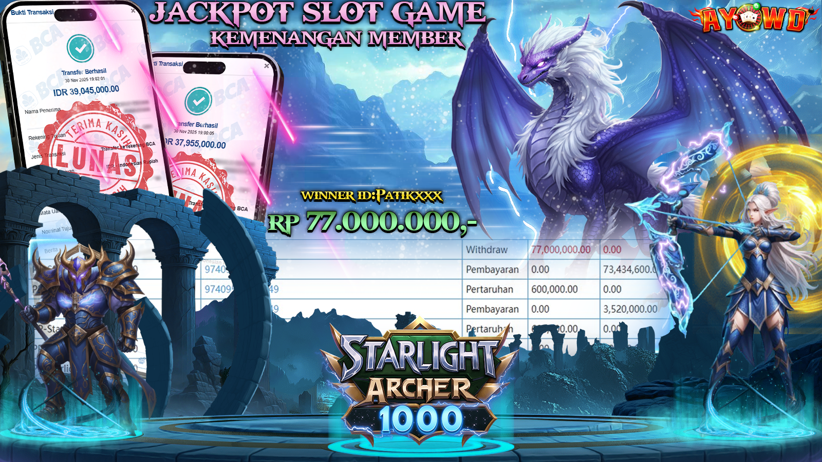 AYOWD JACKPOT SLOT GAMES PP-STARLIGHT ARCHER 1000  Rp 77,000,000.- LUNAS