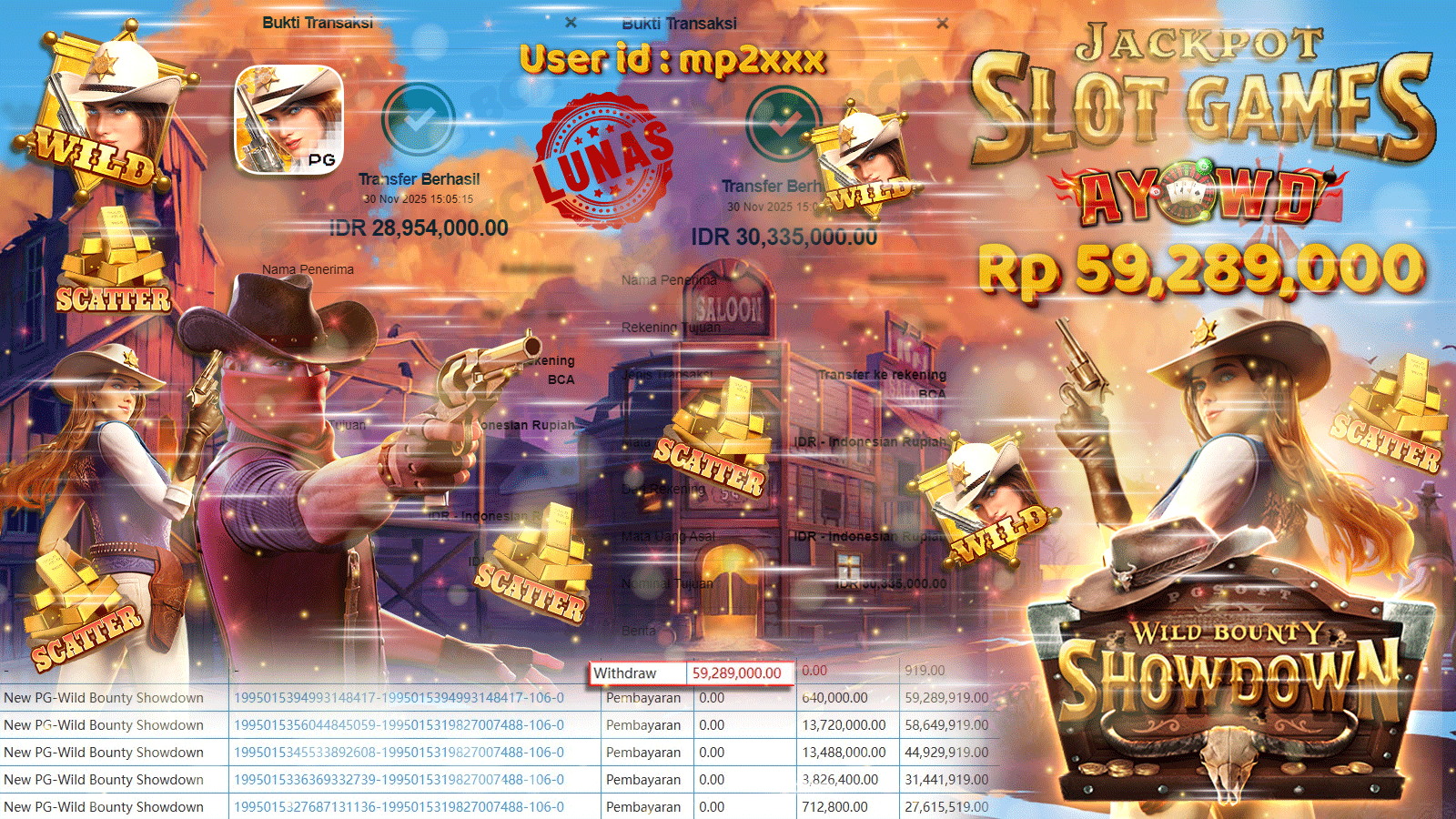 AYOWD JACKPOT SLOT GAMES PG-Wild Bounty Showdown Rp 59,289,000.- LUNAS