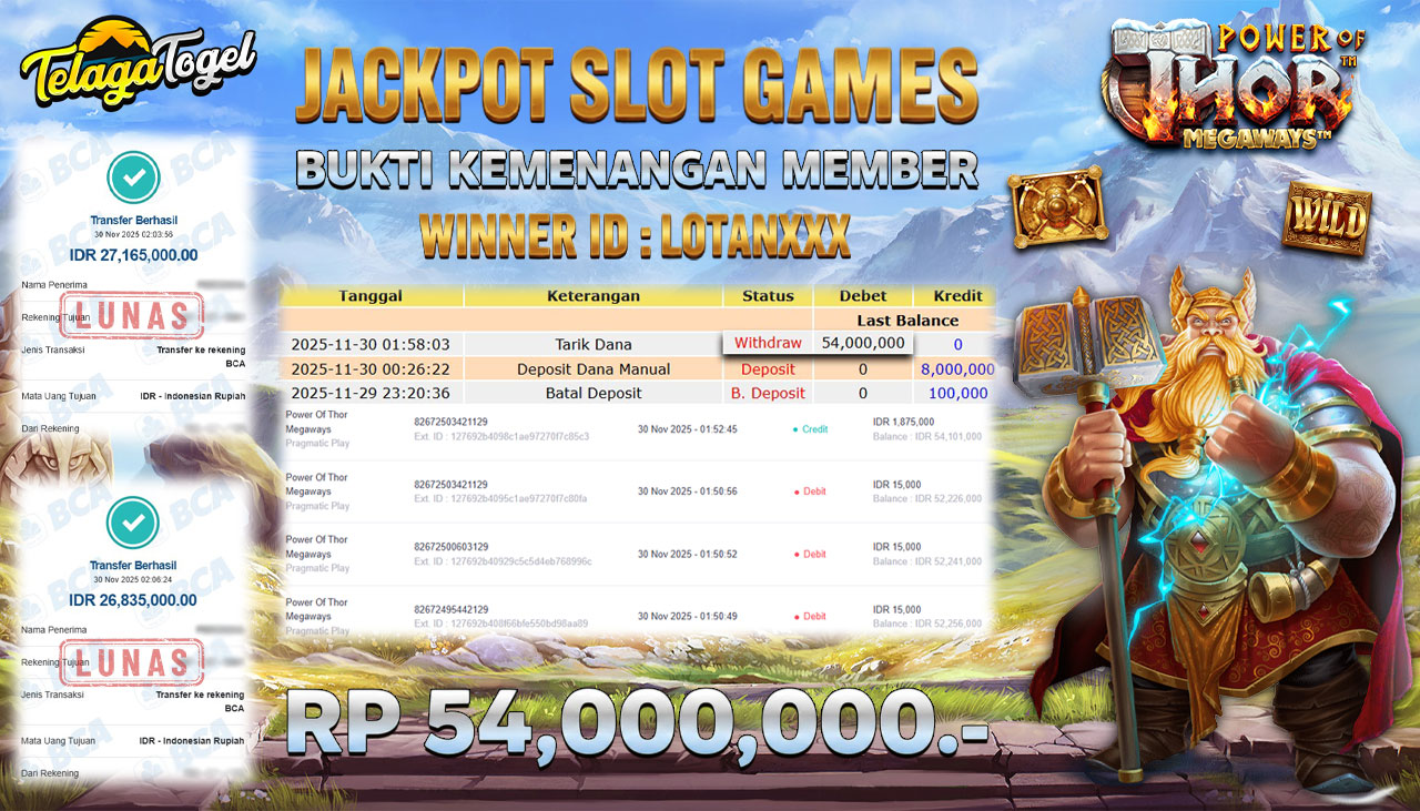 TELAGATOGEL JACKPOT SLOT POWER OF THOR MEGAWAYS Rp 54,000,000.- LUNAS  