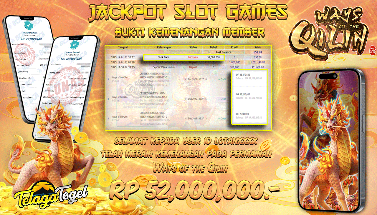 TELAGATOGEL JACKPOT SLOT WAYS OF THE QILIN Rp 52,000,000.- LUNAS  