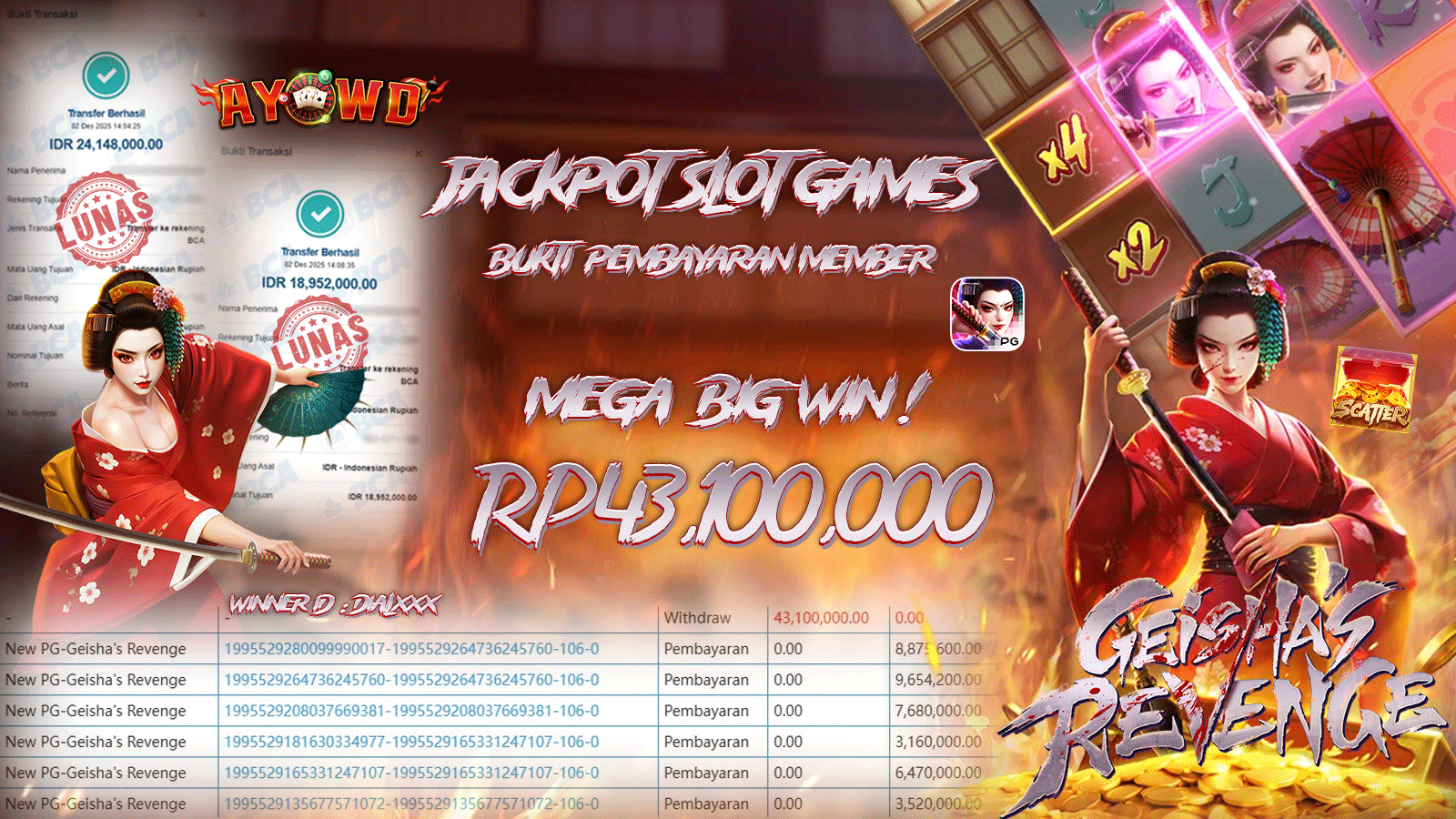 AYOWD JACKPOT SLOT GAMES New PG-GEISHA S REVENGE  Rp 43,100,000.- LUNAS