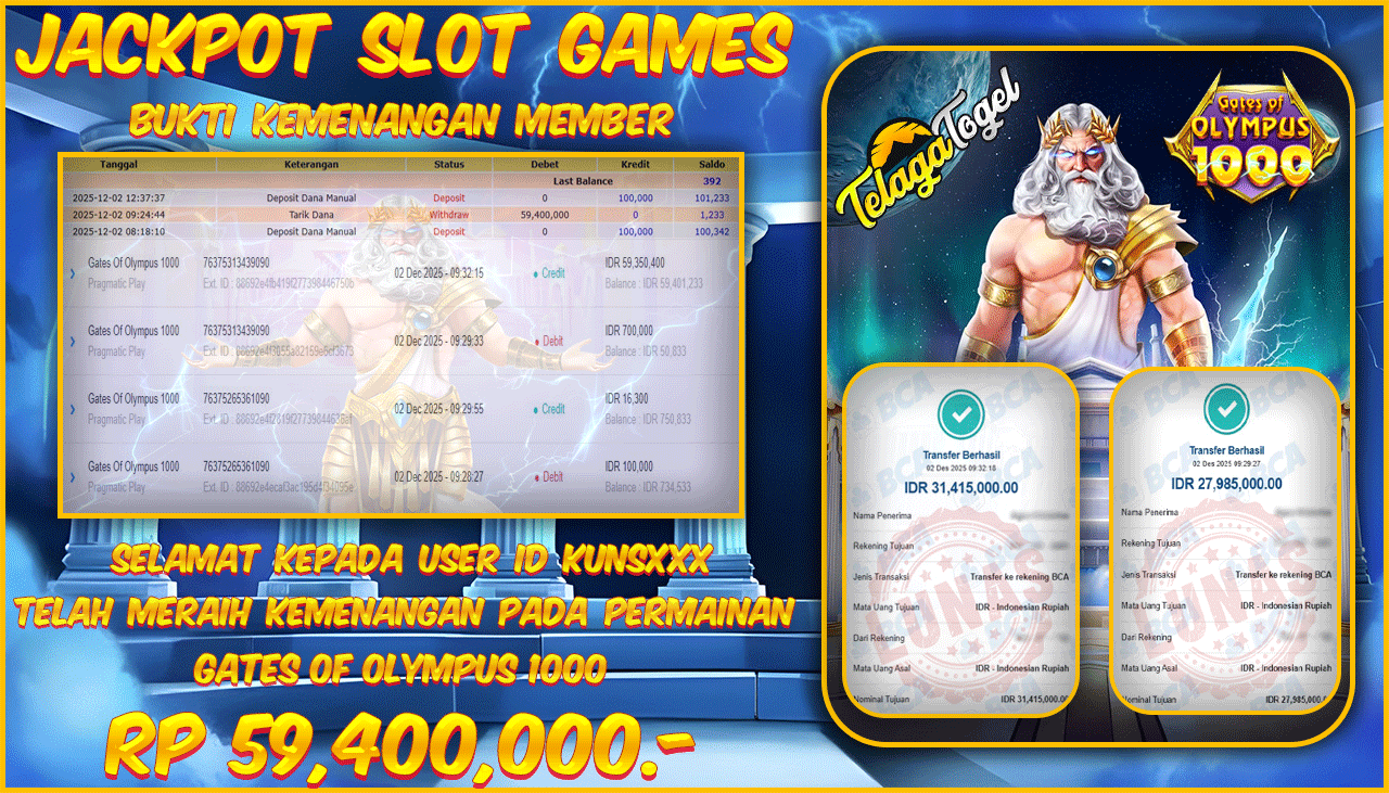 TELAGATOGEL JACKPOT SLOT GATES OF OLYMPUS 1000 Rp 59,400,000.- LUNAS  