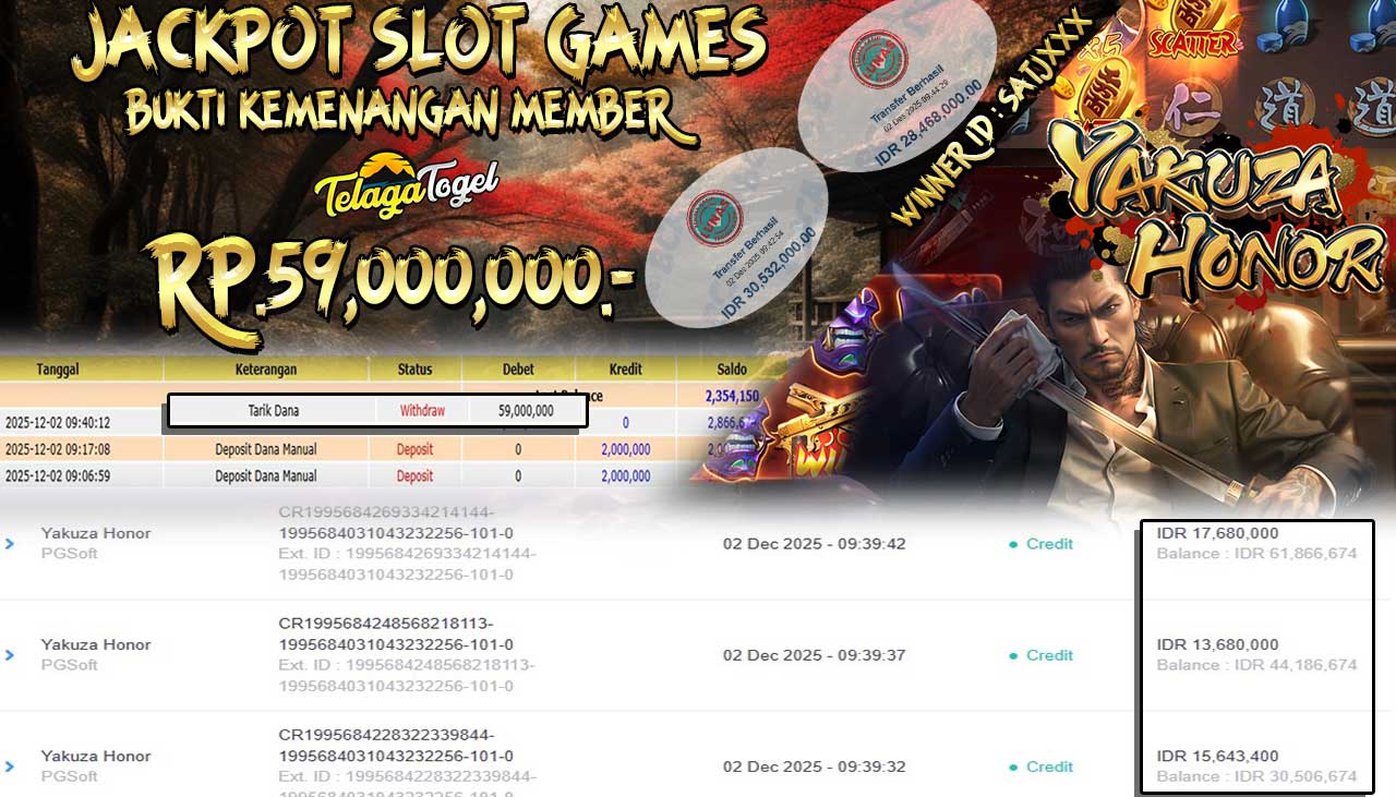 TELAGATOGEL JACKPOT SLOT YAKUZA HONOR Rp 59,000,000.- LUNAS  
