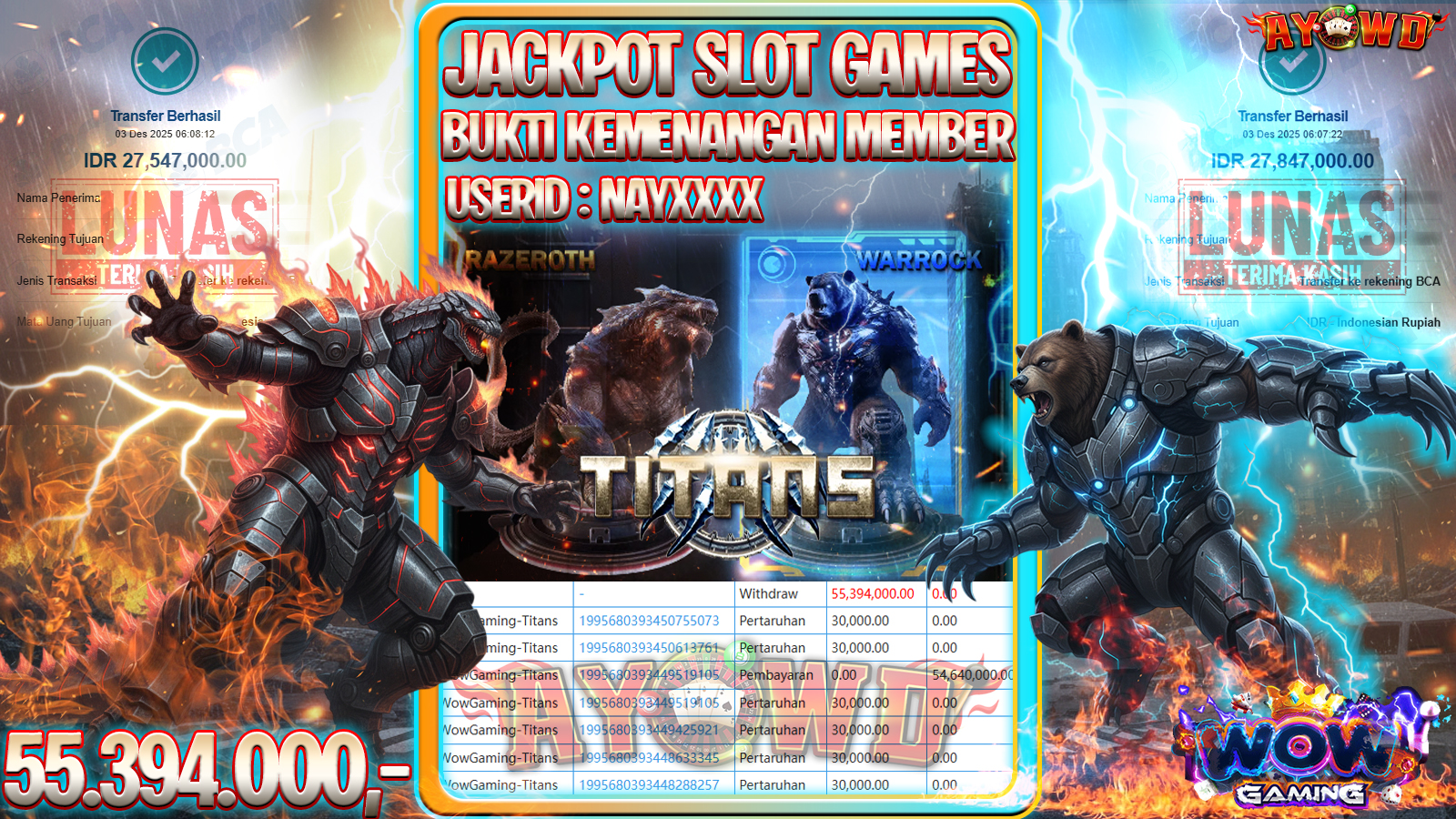 AYOWD JACKPOT SLOT GAMES WowGaming-Titans Rp 55,394,000.- LUNAS