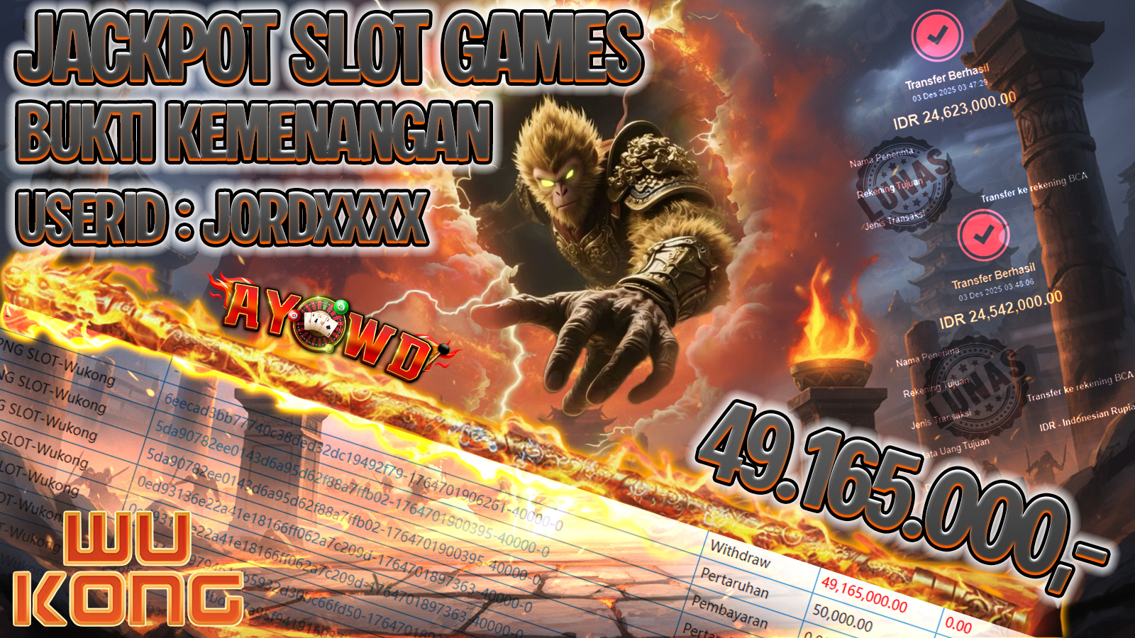 AYOWD JACKPOT SLOT GAMES PNG SLOT-Wukong Rp 49,165,000.- LUNAS