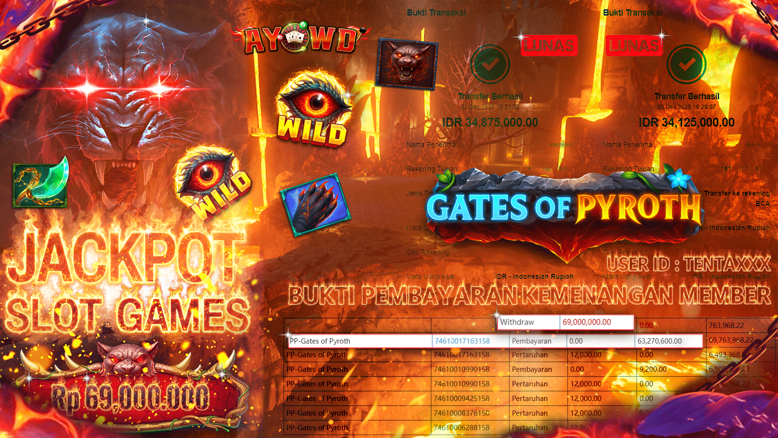 AYOWD JACKPOT SLOT GAMES PP - Gates of Pyroth Rp 69,000,000.- LUNAS