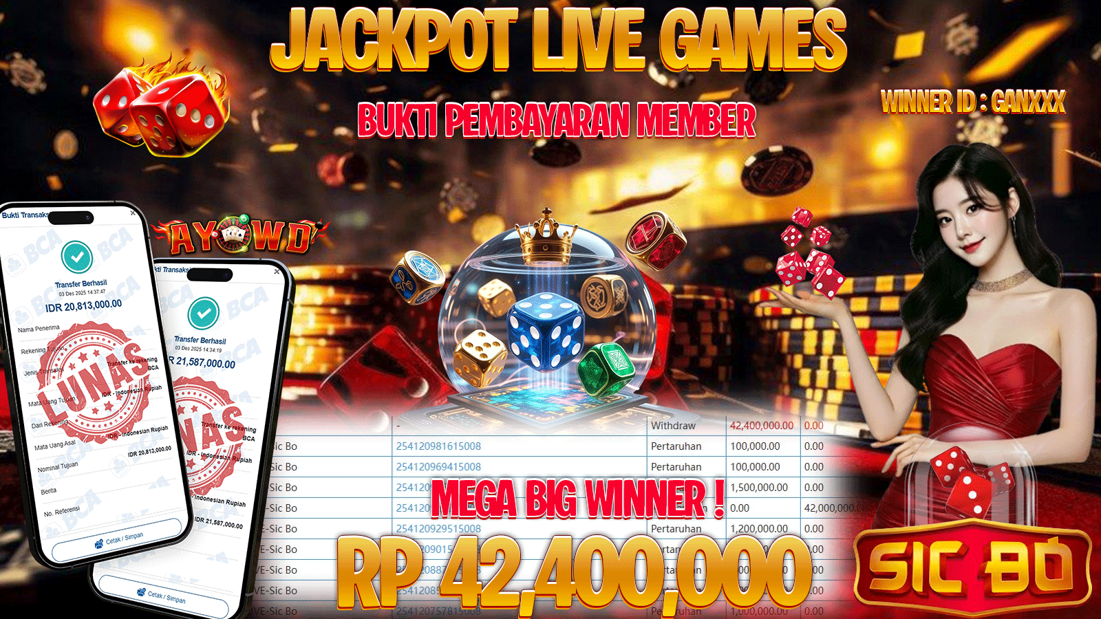 AYOWD JACKPOT LIVE GAMES PP LIVE-SIC BO Rp 42,400,000.- LUNAS