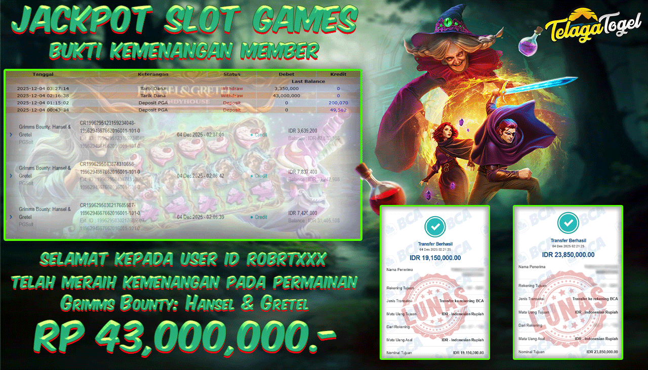 TELAGATOGEL JACKPOT SLOT GRIMMS BOUNTY : HANSEL & GRETEL Rp 43,000,000.- LUNAS  