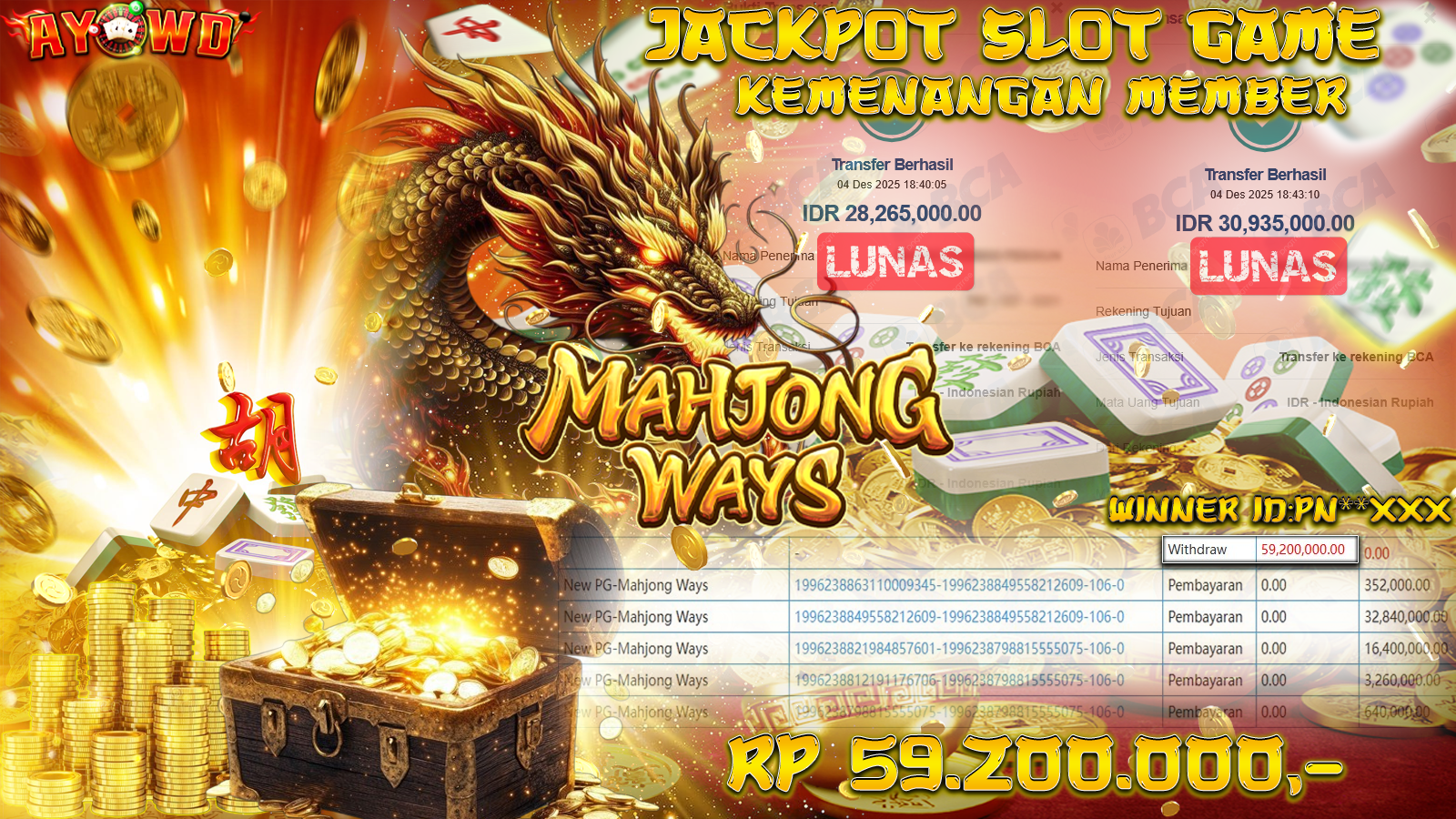 AYOWD JACKPOT SLOT GAMES New PG-MAHJONG WAYS Rp 59,200,000.- LUNAS