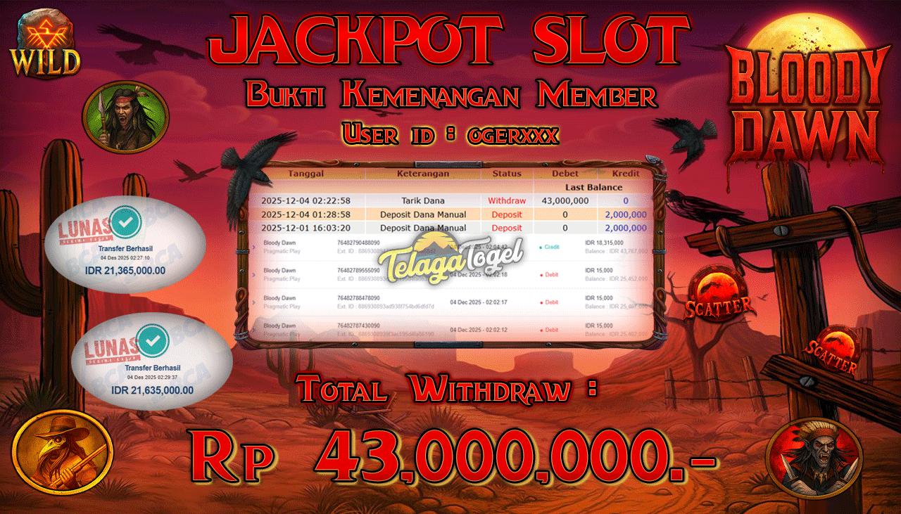 TELAGATOGEL JACKPOT SLOT BLOODY DAWN Rp 43,000,000.- LUNAS  