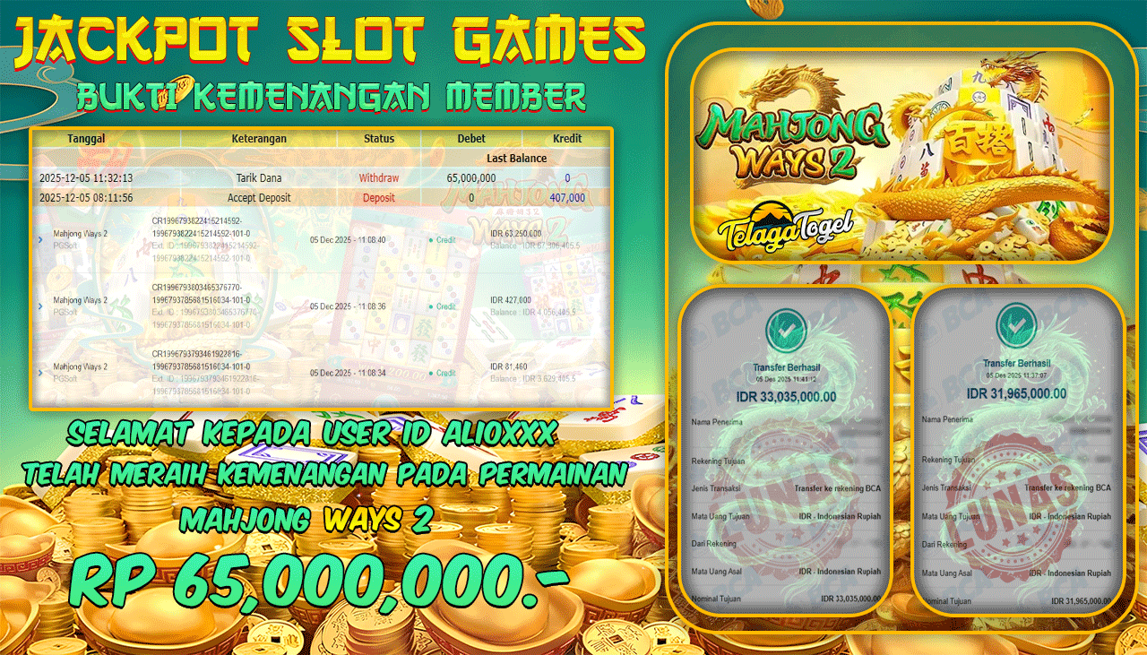 TELAGATOGEL JACKPOT SLOT MAHJONG WAYS 2 Rp 65,000,000.- LUNAS  