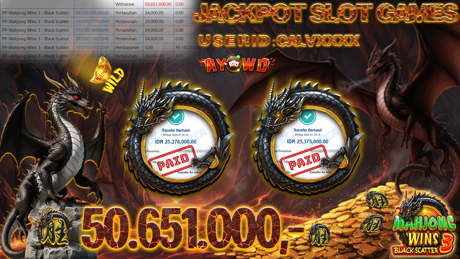 AYOWD JACKPOT SLOT GAMES PP-Mahjong Wins 3 - Black Scatter Rp 50,651,000.- LUNAS