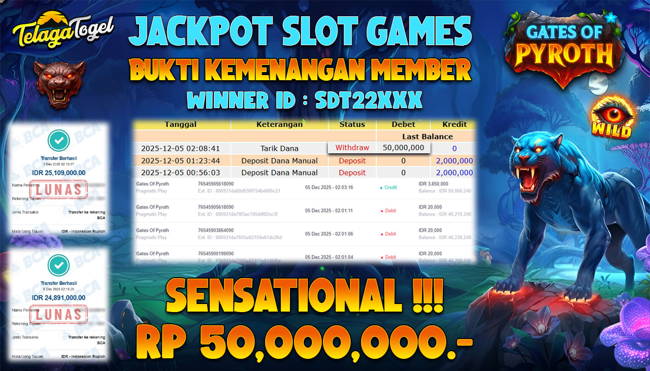 TELAGATOGEL JACKPOT SLOT GATES OF PYROTH Rp 50,000,000.- LUNAS  